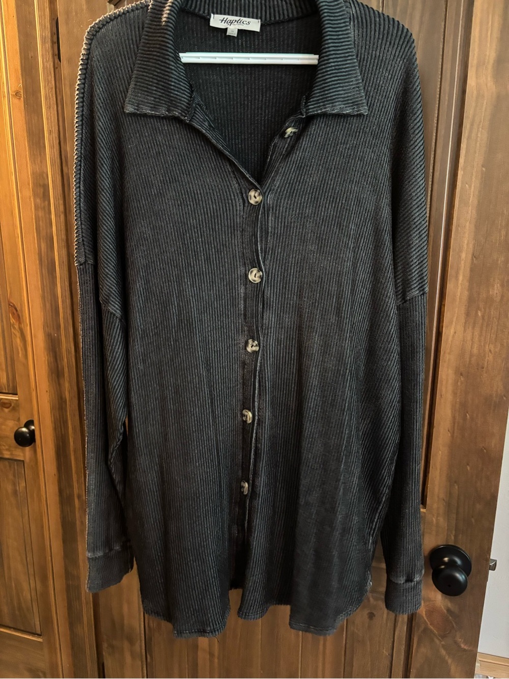 Hapucs Women's Black Ribbed Button-Down Shirt